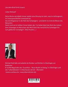 Ein Text spricht den Empfänger Michael an und lobt seine Worte als Wegweiser in die Welt des Schweigens. Darunter ein Foto eines Mannes. Michael Stoll wird als Musiker und Dichter beschrieben. Webadressen: www.susohaus.de / www.lebenskloster.de.