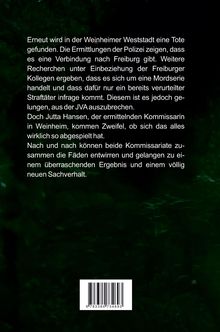 Ein Text beschreibt eine Mordermittlung in Weinheim, Freiburg. Zweifel führen zu einem unerwarteten Ergebnis. Hintergrund ist dunkelgrün. Ein Barcode unten rechts.