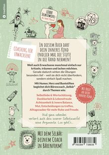 "Coaching für Erwachsene" steht auf einem Zettel. Eine Illustration zeigt eine Frau mit einem Bären und fröhliche Zeichnungen.