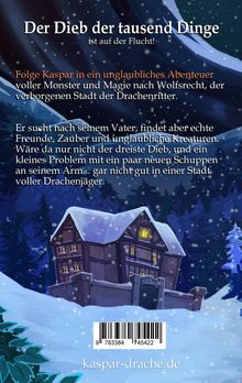 Titel: Der Dieb der tausend Dinge. Eine winterliche Szene mit einem beleuchteten Haus im Schnee unter einem sternenklaren Himmel.