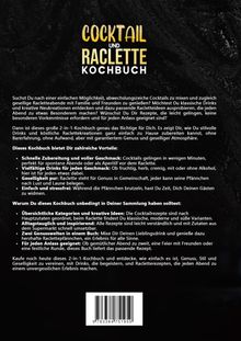 Eine Beschreibung und Vorteile eines 2-in-1-Kochbuchs für Cocktails und Raclette. Schwarzer Hintergrund.