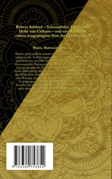 Ein goldener Hintergrund mit schwarzem Muster. Oben steht: „Robert Ashford – Schauspieler… Gerechtigkeit!“ Darunter über „Wahn, Wahnsinn und Tod“ eine Buchbeschreibung. Unten ein Barcode.