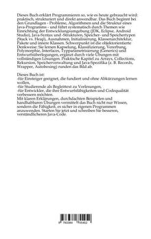 Texte erklären ein Java-Programmierbuch. Es ist für Einsteiger, Studierende und Entwickler. Verbesserte Codequalität wird betont.