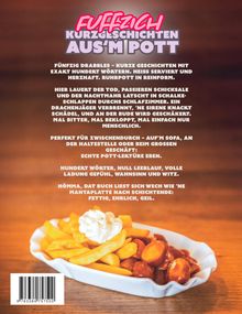„FUFFZIG KURZGESCHICHTEN AUS’M POTT“ oben. Pommes mit Soße und Mayo auf einem Tisch unten.