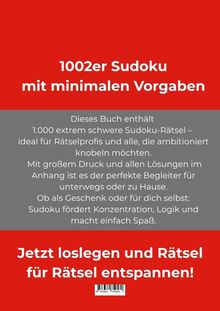 "1002er Sudoku mit minimalen Vorgaben. Dieses Buch enthält 1.000 extrem schwere Sudoku-Rätsel." Rotes und graues Design.