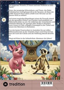 Ein magischer Wunsch, 27 Feiern, Weltreise in einer Nacht! Schweinhorn und Erdmännchen vor Uhr und Sternenhimmel.