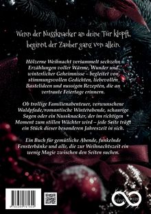 Ein dekorativer Text über Weihnachtsgeschichten, Gedichte und Rezepte, umgeben von Tannenzweigen und roten Akzenten.