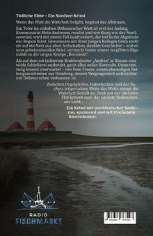 "Tödliche Ebbe – Ein Nordsee-Krimi. Ein Krimi mit norddeutscher Seele – rau, spannend und mit trockenem Küstenhumor." Unten links ein Leuchtturm und Wiese, rechts unten das Logo "Radio Fischmarkt".