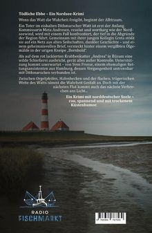 Tödliche Ebbe – Ein Nordsee-Krimi: Ein Leuchtturm am Horizont, grünes Ufer und der Schriftzug "Radio Fischmarkt".