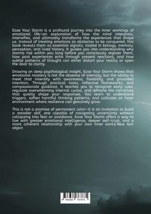 Text beschreibt "Ease Your Storm" als ein Buch über emotionale Meisterung. Hintergrund zeigt einen wolkigen, düsteren Himmel.