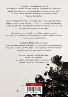 Text über eine geheimnisvolle Begegnung, Mafia-Ehe, zwei Medici-Brüder. Unten Blumen auf dunklem Hintergrund. Preis: 19,99 €.
