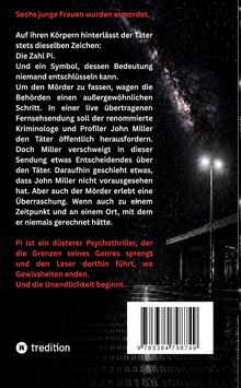 Text beschreibt einen düsteren Psychothriller über einen Täter, der die Zahl Pi hinterlässt. Im Hintergrund Sternenhimmel.