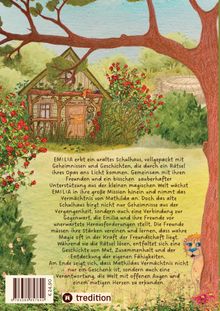 Zusammenfassung über Emilias Abenteuer in einem magischen Schulhaus. Illustration mit einem kleinen Haus und Pflanzen.