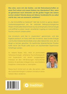Ein Buchrücken mit Texten über Geistes- und Naturwissenschaften, das Universum und die Autorin Dr. Helene Bader. Unten ein Logo.