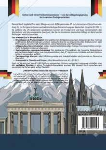 Ein Buch über den Übergang von A1 zu B1/B2.1 in Deutsch. Illustration: Brandenburger Tor, Kölner Dom, Berge.