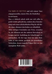 Text in gold: "UM MIRI ZU RETTEN". Rest in weißer Schrift. Hintergrund: Dunkles, wolkiges Mischrot, mystische Atmosphäre.