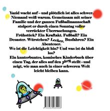 Text: Yazid wacht auf – und plötzlich ist alles schwer... Illustration: Ein grüner Alien in einem UFO mit bunten Punkten.