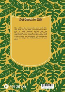 Titel: "Das Gewicht der Stille". Text über Buchbeschreibung. Hintergrund: Grünes Blattmuster auf gelbem Grund.