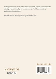 Ein Text beschreibt eine englische Übersetzung eines historischen Werks von 1792 über europäische Religionskonflikte. ISBN angegeben.