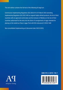 Text über EU-Rechtsakt zur Importregelung von Eiern, Barcodes unten rechts, blau-orange Hintergrund.