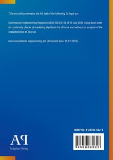 EU-Bestimmung über Olivenöl, ISBN: 978-3-38783-032-3, blaues Cover, "Antiphon Verlag" unten links.