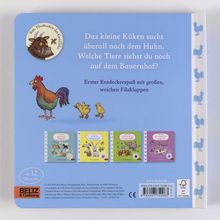 Das kleine Küken sucht überall nach dem Huhn. Welche Tiere siehst du noch auf dem Bauernhof? Ab 12 Monate.