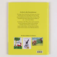 Ein gelber Hintergrund mit Texten über Hasenabenteuer und drei abgebildeten Buchcovern darunter.
