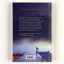 „Letizia kam aus dem Nebel…“ Text beschreibt mysteriöse Ereignisse an einem nebelverhangenen See, mit einer Villa und einem Fluch. Unten ein schwarzer Vogel auf einem Steg.