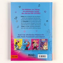 "Vier Mädchen, vier Träume, ein gemeinsamer Sound: das sind die POP SISTERS!" Darunter bunte Illustrationen von Mädchen mit Musikinstrumenten.