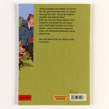 Text über Mattis und eine lebendige Kiste. Illustration: zwei fröhliche Figuren am linken Rand. Logos unten links und rechts.
