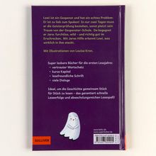 Ein lila Buchrücken mit Text über Lewi, ein kleines Gespenst, das spuken lernen muss. Unten ist ein kleiner, niedlicher Geist.