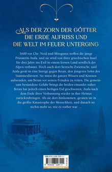 Goldene Schrift auf blauem Hintergrund. Titel: "ALS DER ZORN DER GÖTTER DIE ERDE AUFRISS UND DIE WELT IM FEUER UNTERGING". Unten ein Tempel.