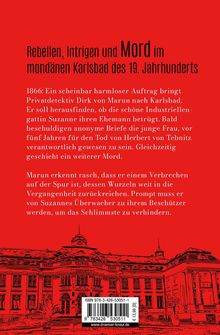 Rebellen, Intrigen und Mord im mondänen Karlsbad des 19. Jahrhunderts. Darunter eine rote Illustration eines Gebäudes.