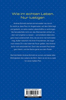 Ein blaues Hintergrunddesign. Gelber Text: „Wie im echten Leben. Nur lustiger.“ Danach folgt weißer Text über Andrea Schmidt.