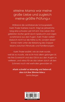 Roter Hintergrund mit Text über Karin Thalers Karriere und Familienleben. Zitat unten von Senta Berger. ISBN und Preisinfo.