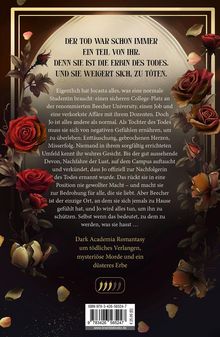 Text oben: "Der Tod war schon immer ein Teil von ihr. Denn sie ist die Erbin des Todes."  
Im Hintergrund sind Rosen abgebildet.