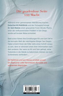 Ein Buchcover, oben "Die gnadenlose Seite von Macht", darunter Beschreibung eines Krimis, unten eine Pistole hinter Stoff.