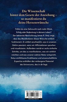 Ein blaues Hintergrundbild mit folgendem Text: "Die Wissenschaft hinter dem Gesetz der Anziehung – so manifestierst du deine Herzenswünsche". Darunter wird erklärt, wie James R. Doty das Manifestieren von Wünschen beschreibt. Ein Barcode und ein URL-Link sind unten sichtbar.