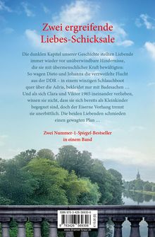 Text in roter und schwarzer Schrift beschreibt zwei Liebesgeschichten. Hintergrund: Himmel, Bäume und ein Fluss.