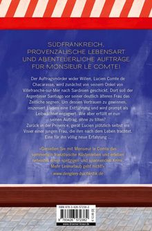 Text: Südfrankreich, provenzalische Lebensart und abenteuerliche Aufträge für Monsieur le Comte!  
Hintergrund: Streifen und Blau.