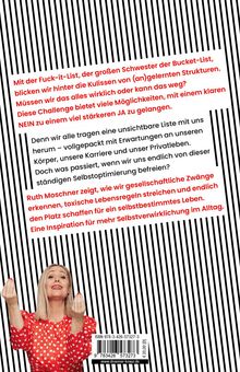 Mit der Fuck-it-List, der großen Schwester der Bucket-List. Eine Frau in roter Kleidung gestikuliert vor schwarzen Streifen.