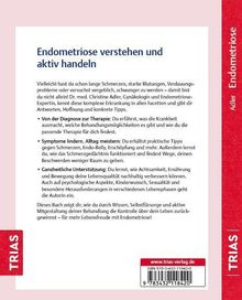 Buchrückseite mit Titel: "Endometriose verstehen und aktiv handeln" und Details zum Inhalt und Autor. Links roter Streifen mit "TRIAS".