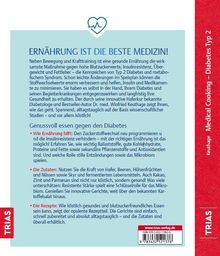 Oben: "Ernährung ist die beste Medizin!" Unten: "Genussvoll essen gegen den Diabetes". Links ein roter Streifen mit "TRIAS".