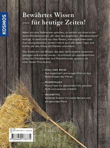 „Bewährtes Wissen – für heutige Zeiten!“, Ratgeber für Pferdehaltung und -pflege. Hintergrund: Holzoptik, links Heu.