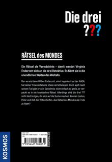"Die drei ??? RÄTSEL des MONDES: Virginia Endercott wendet sich an die Detektive, um ein kosmisches Rätsel zu lösen." Links ist ein vertikaler blauer Balken mit "KOSMOS".