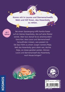 Ein Text fordert zur Hilfe auf, ein Hasenbaby zu retten. Illustration eines Mädchens mit Einhorn und einem Hasen.