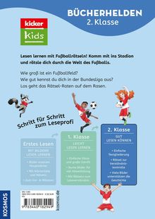 BÜCHERHELDEN 2. Klasse: Lesen lernen mit Fußballrätseln! Kicker Kids Logo. Kinder in Fußballtrikots springen.