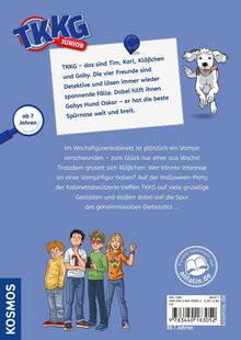 Logo "TKKG Junior", Text über Detektive Tim, Karl, Klößchen, Gaby und Hund Oskar, geeignet ab 7 Jahren. Illustration der Figuren.