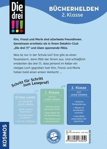 „BÜCHERHELDEN 2. Klasse“ oben. Text beschreibt ein Detektivabenteuer mit den Freundinnen Kim, Franzi, und Marie. Logo links.