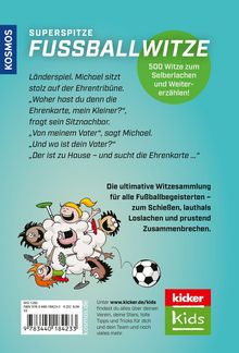 "SUPERSITZE FUSSBALLWITZE – 500 Witze zum Selberlachen und Weitererzählen! Länderspiel. Michael sitzt stolz..." Eine Illustration zeigt lachende Kinder auf einem Fußball.